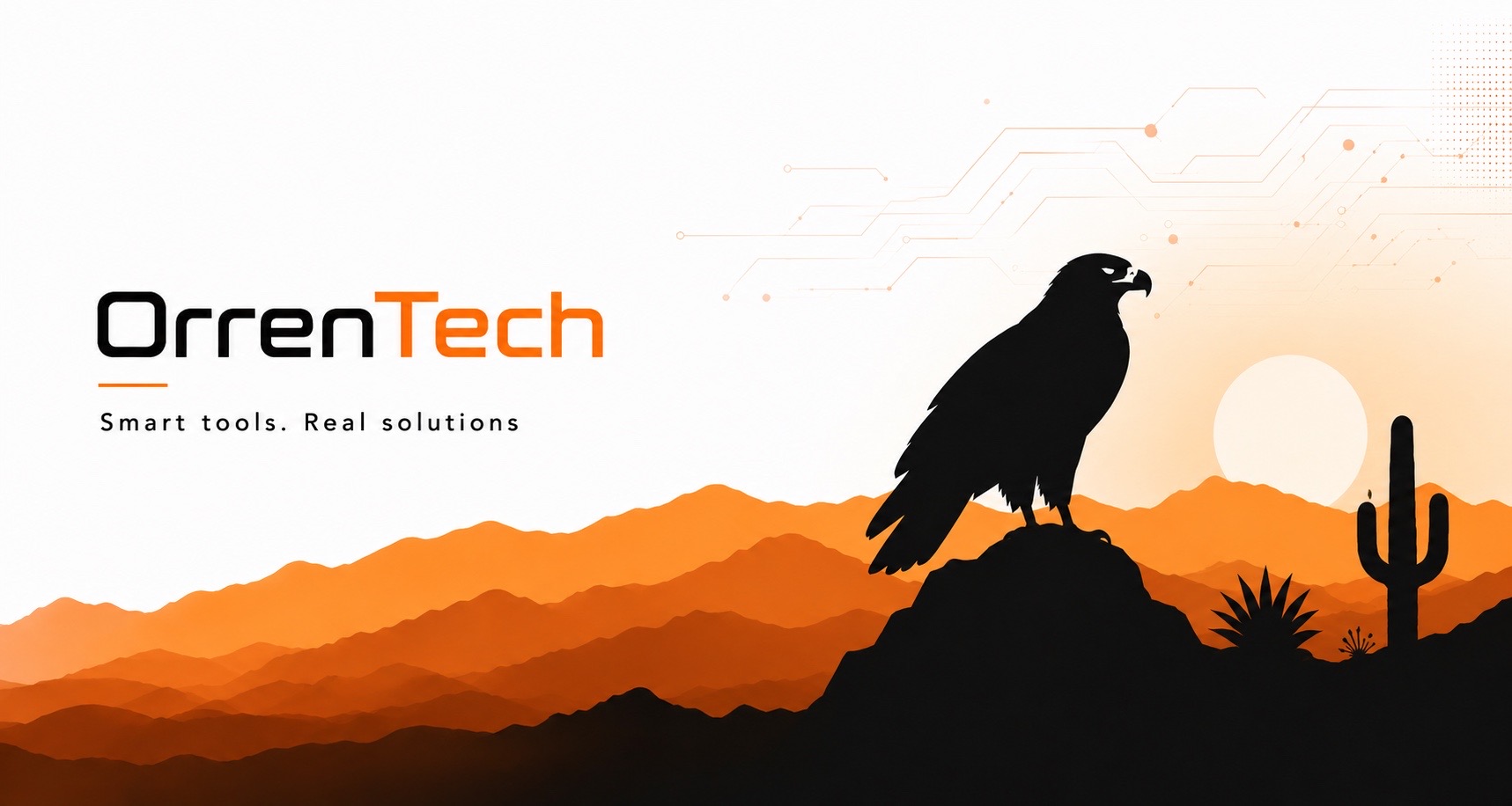 A black hawk silhouette over a warm desert sunset, with cacti and subtle circuit lines.